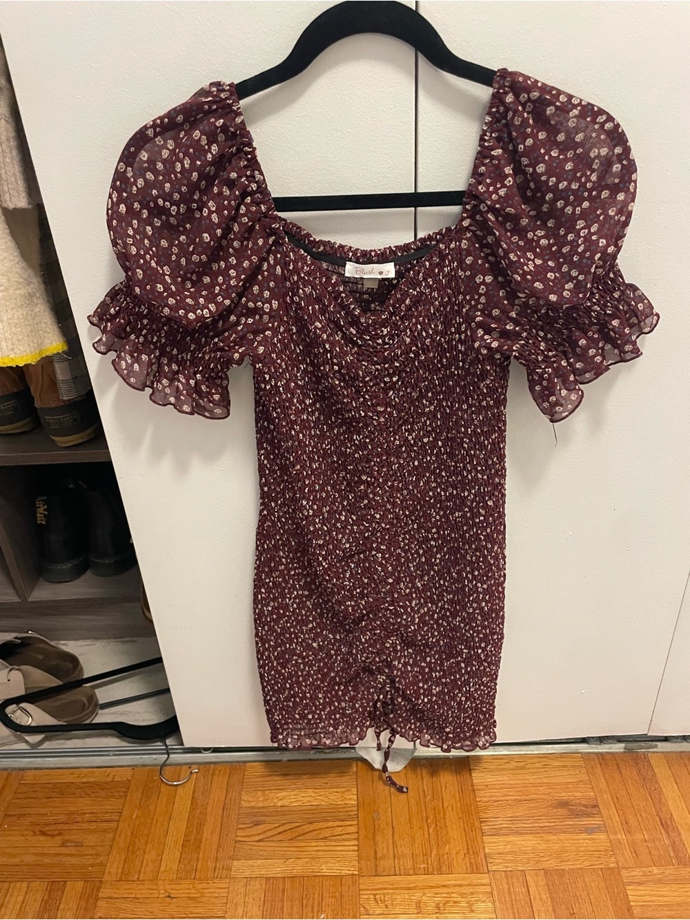 Blush Burgundy Floral Smocked Mini Dress with Puff Sleeves
